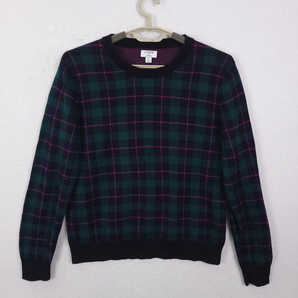 J.Crew Teddie Sweater Womens Large Green Plaid Crewneck Cotton Holiday